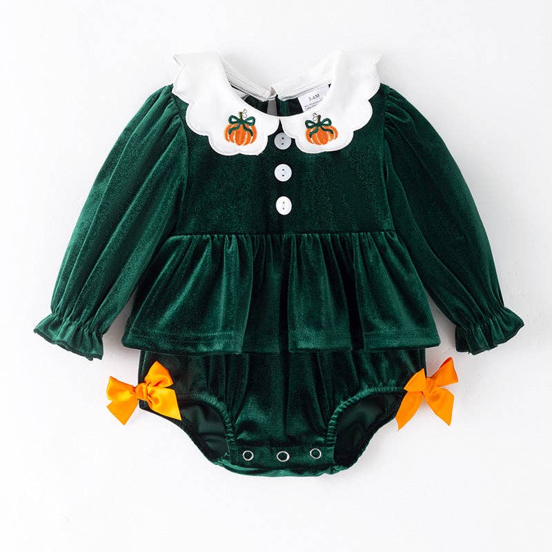 Pumpkin Embroidered Velvet Romper – Halloween & Thanksgiving Baby Outfit